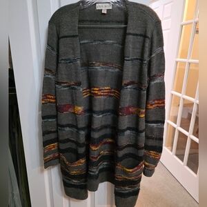 Knox Rose Green Open-Front Cardigan with Rust, Yellow and Blue Accents